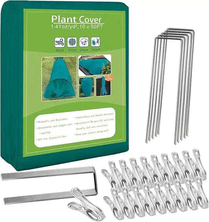 111111_副本 Plant Covers Freeze Protection, 10ft x 50ft 1.41 oz/yd² Frost Cloth Plant Blankets Floating Row Covers with 35 Stainless Steel Clips for Winter Plants Gardens Frost/Sun Pests Protection, Dark Green - Image 1