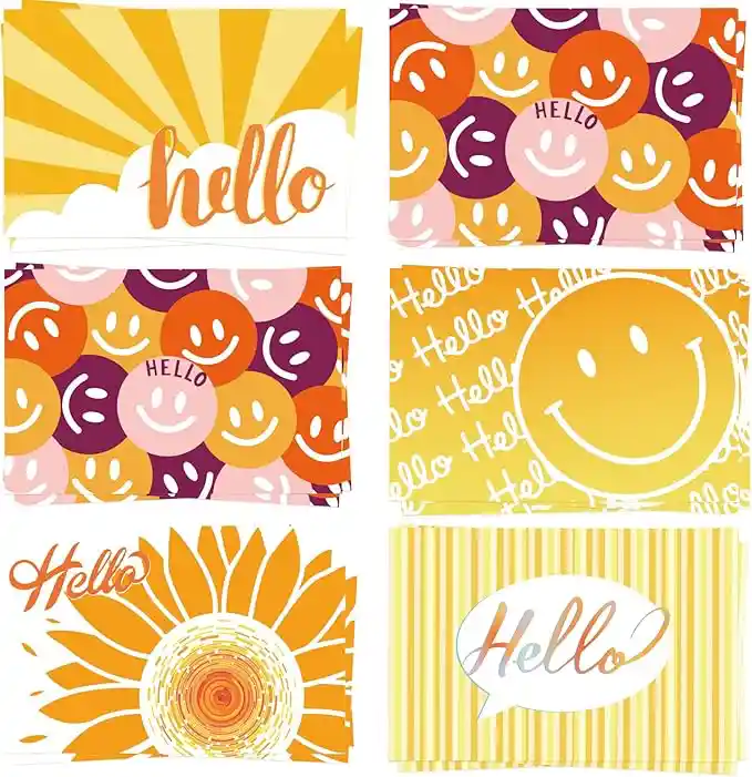 710__副本 GRADESIN 60 Hello Postcards for Mailing Bulk Blank Greeting Cards 4 x 6 Inch Sunny Sunflower Colorful Smiley Face Post Cards for Kids Adults Teachers Students Assorted Blank Note Cards 5 Hello Designs - Image 1