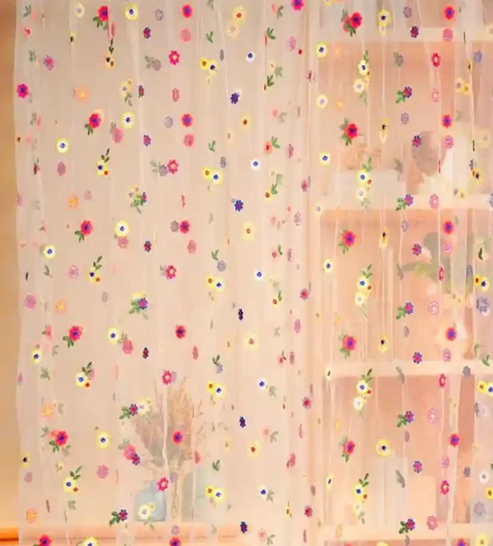MSHJA-Floral Backdrop Curtain, Champagne Daisy Tulle Flower Embroidery Backdrop Curtain for Spring Summer Easter Wedding Birthday Floral Party Photo Shoot Decorations, 6.5ft×4.9ft - Image 1