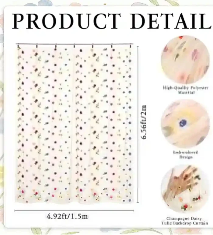 MSHJA-Floral Backdrop Curtain, Champagne Daisy Tulle Flower Embroidery Backdrop Curtain for Spring Summer Easter Wedding Birthday Floral Party Photo Shoot Decorations, 6.5ft×4.9ft - Image 2