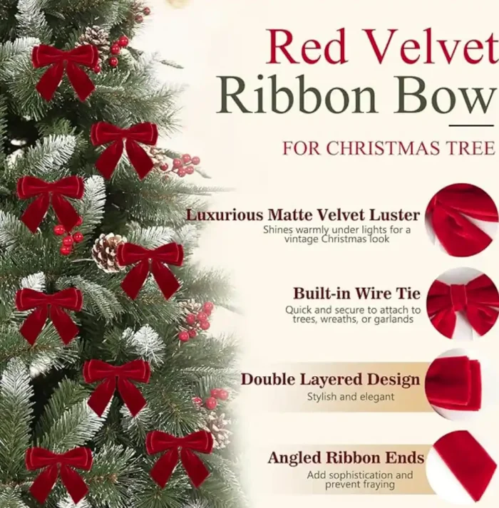 24Pcs Velvet Bows for Christmas Tree, Small Red Bows Christmas Decorations with Twist Tie, Bulk Red Velvet Ornaments for Wreath Garland Gift Wrapping Wedding Champagne Parties Decor, 3.5*3.5 in - Image 2
