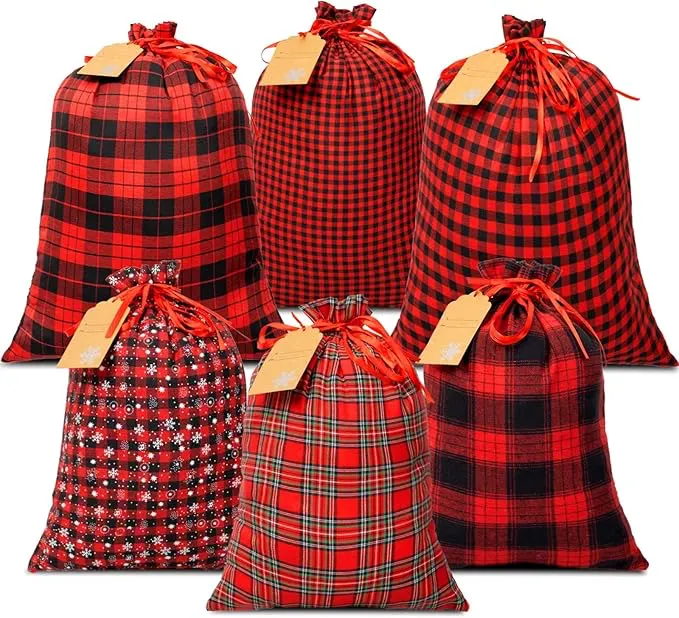 81HBFnIym7L._AC_SX679 OuMuaMua Fabric Christmas Gift Bags with Drawstring - 6 Pack Cloth Buffalo Plaid Bag with Kraft Gift Tags for Christmas Holiday Present Gift Wrapping - Image 1