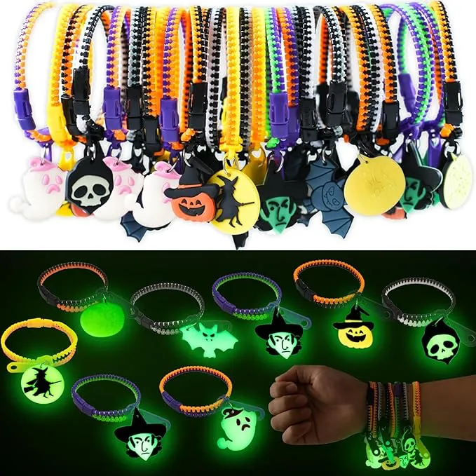 81fS5e8ssWL._AC_SX679 OuMuaMua Kids Halloween Party Favors Zipper Bracelets, 28 Pack Glow in the Dark Halloween Zipper Wristbands for Kids Gifts, Giveaways,Goodie Bag Fillers - Image 1
