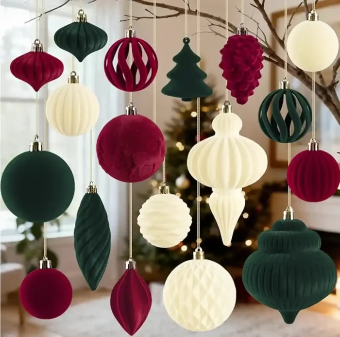 1_副本 18Pcs Velvet Christmas Tree Ornaments Set, Wine Red Shatterproof Flocked Christmas Decorations Bulk for Tree, Burgundy Decorative Hanging Ball Ornaments for Xmas Holiday Home Party Decor - Image 1
