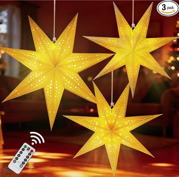 1_副本 Large Paper Star Lanterns with Lights, 3D 7 Pointed Christmas Paper Lanterns, 3Pcs Foldable Decorative Christmas Hanging Decorations for Xmas Wedding New Year Party Home Decor Indoor, 24/18 Inch - Image 1
