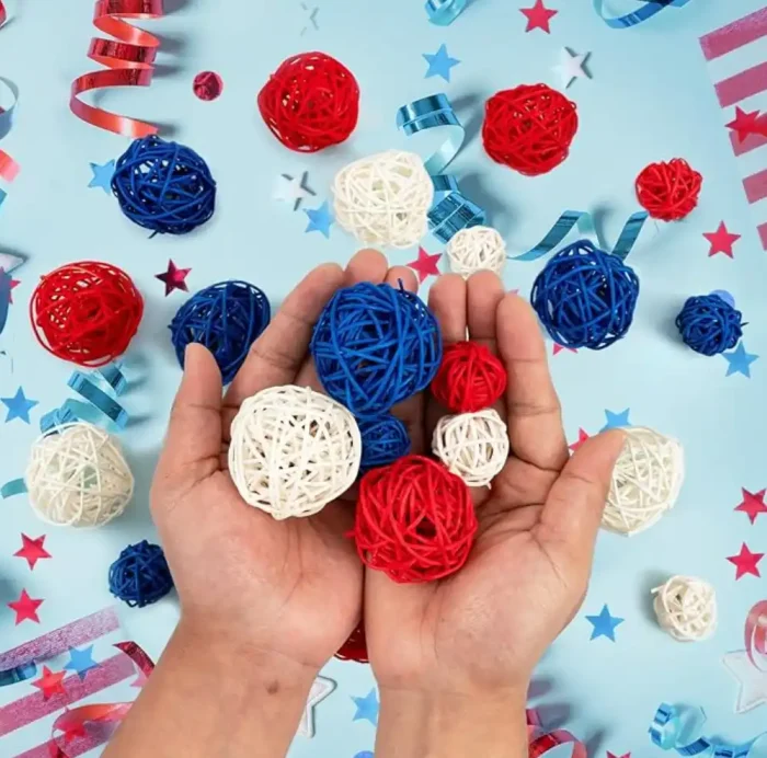 MSHJA-GuassLee 18pcs 4th of July Patriotic Decorative Balls Rattan Decoration - Red Blue White Balls for Independence Day Home Decor Craft Vase Bowl Filler Table Party Supplies Decorations - Image 2