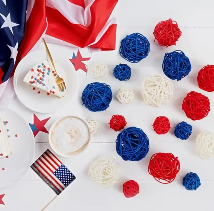 MSHJA-GuassLee 18pcs 4th of July Patriotic Decorative Balls Rattan Decoration - Red Blue White Balls for Independence Day Home Decor Craft Vase Bowl Filler Table Party Supplies Decorations - Image 3