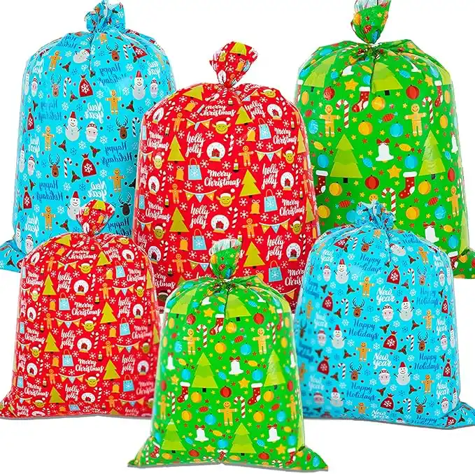 91tcsVzW5dL._AC_SX679 OuMuaMua Large Gift Bags for Christmas Presents - 6 Pack Large Christmas Plastic Gift Bags Red with Gift Tags Drawstring for Xmas Holiday Gift Giving, Jumbo Presents Wrapper - Image 1